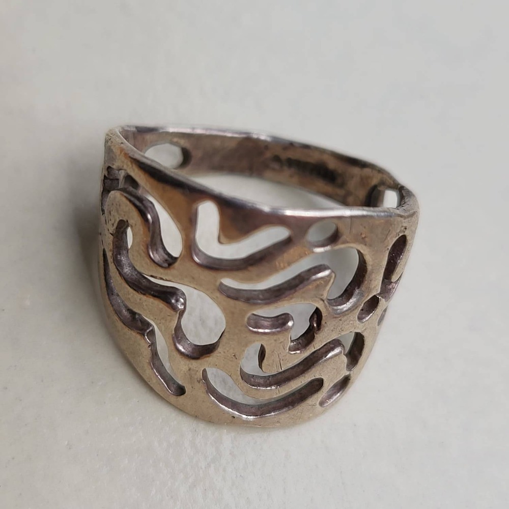 Vintage Abstract Openwork Ring Size 7.5 925 Silver Organic Cutout Statement - Picture 4 of 7